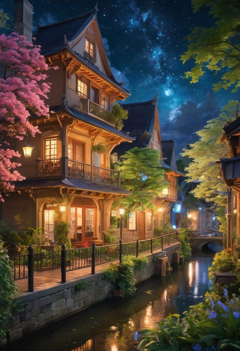A captivating scene featuring a lush, mystical anime landscape, blending fantasy elements with subtle hints of adult themes. Incorporate intriguing characters in vibrant outfits, engaging in playful interactions amidst colorful flora and whimsical architecture, all under a starry night sky. The overall atmosphere should evoke a sense of allure and adventure while maintaining artistic elegance. super-realistic. vibrant colors. dreamy background.