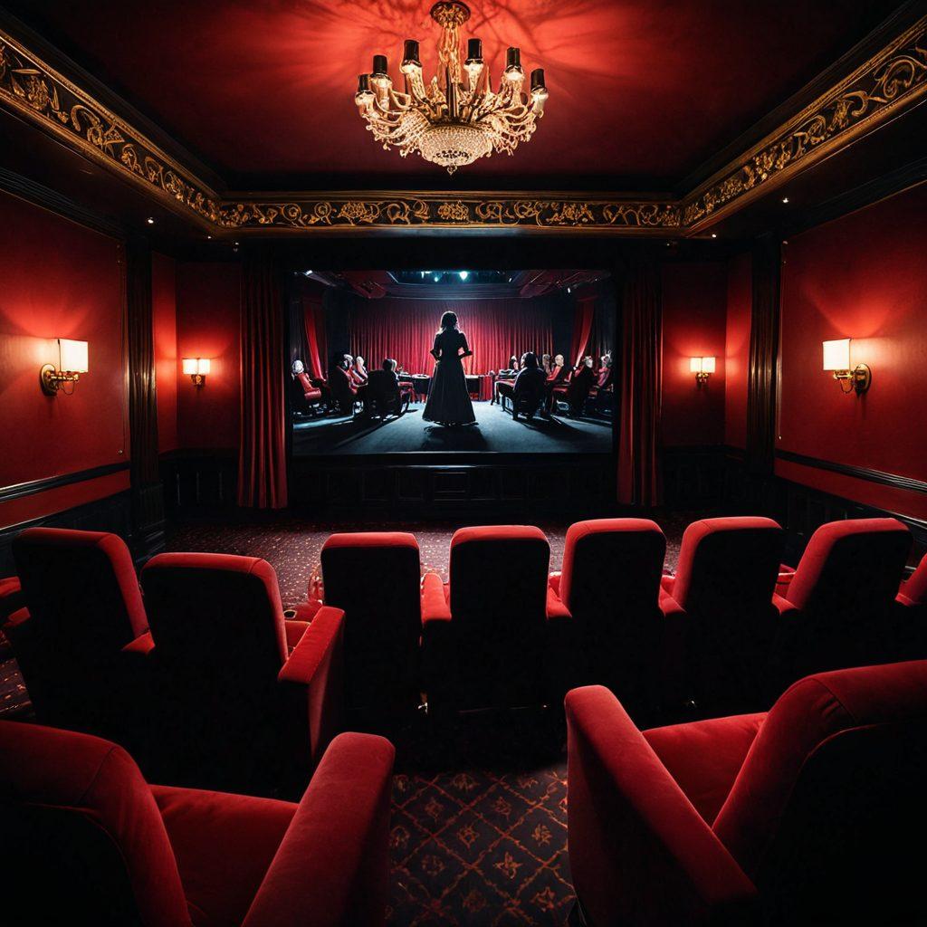 A dimly lit cinema with plush red velvet seats, showcasing a flickering screen displaying a tantalizing scene from an explicit film. Silhouetted figures sitting with eager expressions, surrounded by romantic and mysterious imagery. Soft, seductive lighting casts shadows, enhancing the allure of the setting. The overall mood is both captivating and enticing, inviting viewers to explore the world of adult cinema. cinematic style. rich colors. moody lighting.