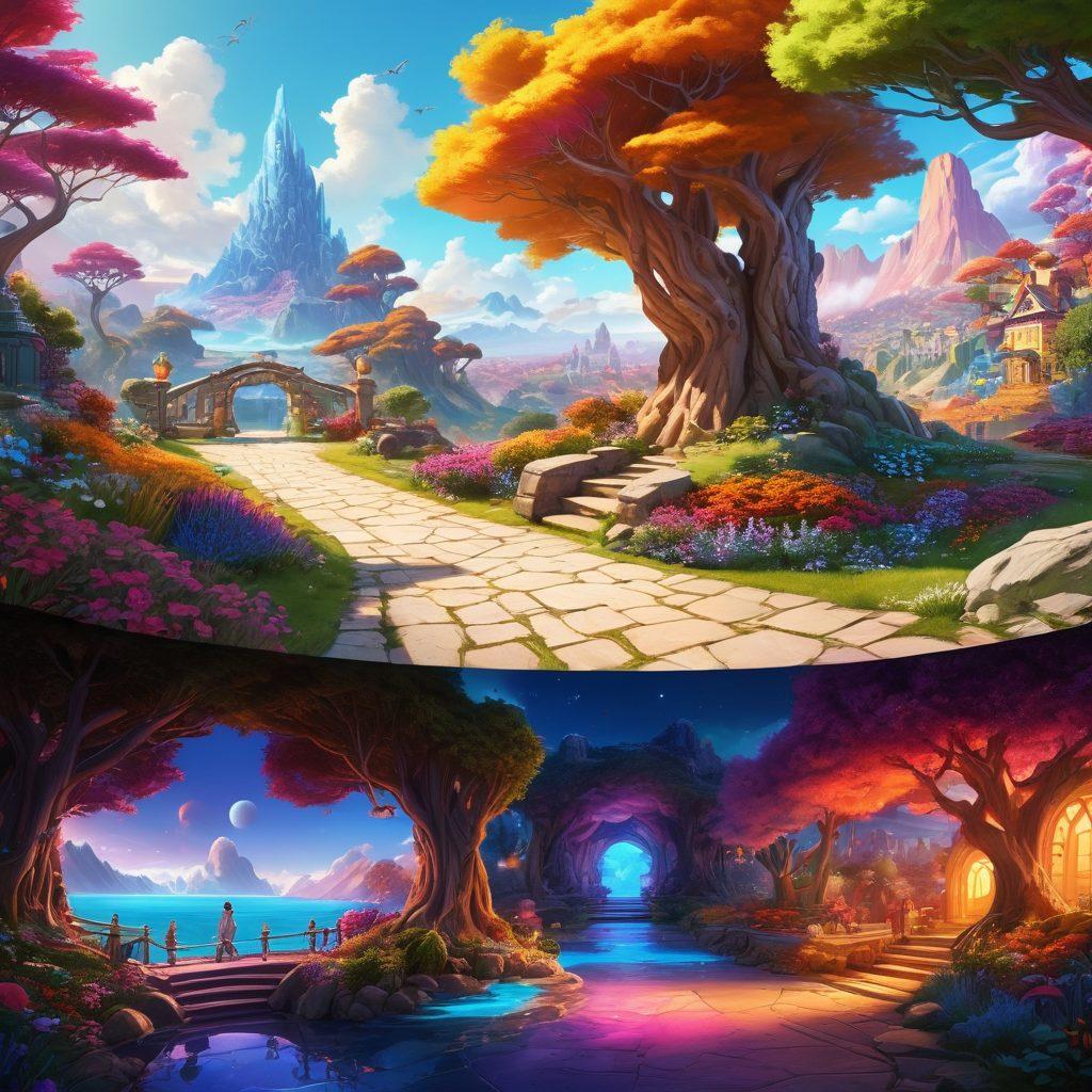 A split-screen image showcasing a vibrant animation scene on one side depicting playful cartoon characters in whimsical settings, transitioning seamlessly to a realistic photograph of a modern adult entertainment studio filled with sophisticated lighting and advanced technology. Include subtle nods to the evolution of art styles, such as sketch lines fading into vibrant colors. The background should convey a sense of progression, blending fantasy into reality. super-realistic. vibrant colors. 3D.